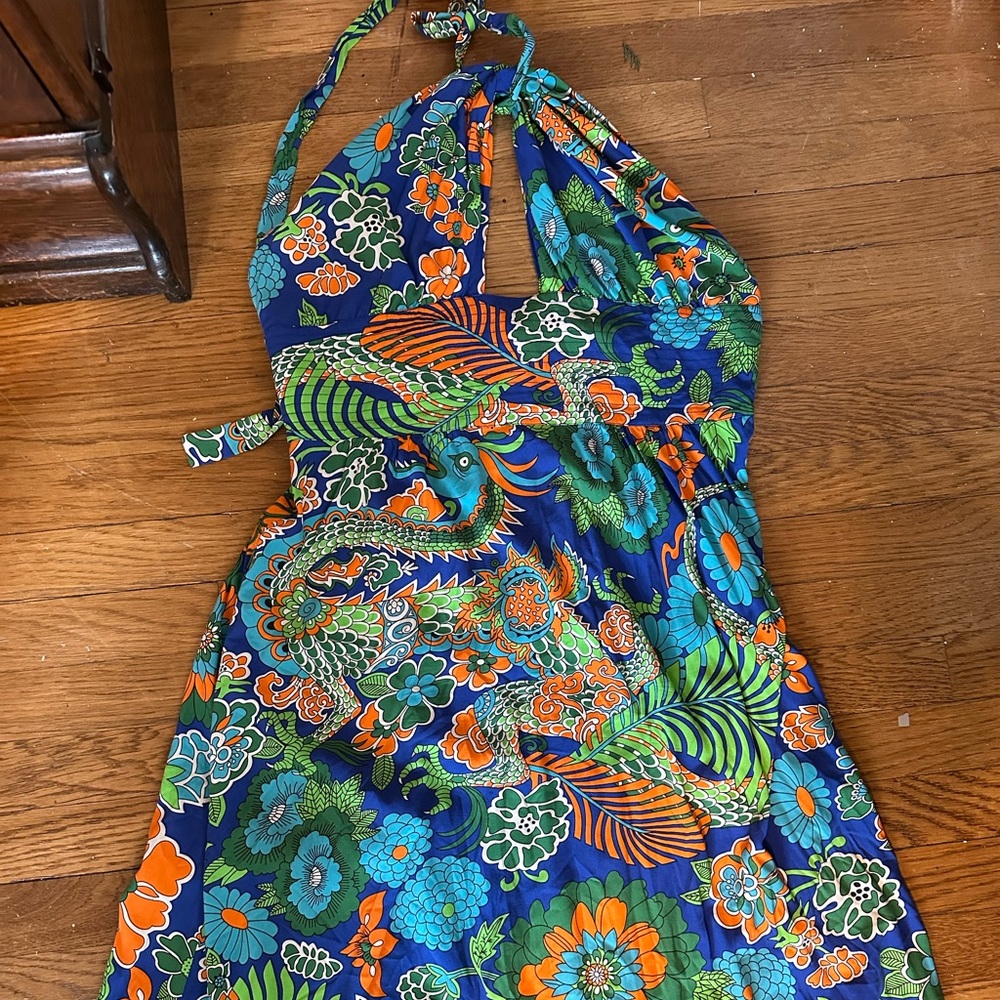 Trashy Diva Blue Green Orange Floral Backless Halter Dress